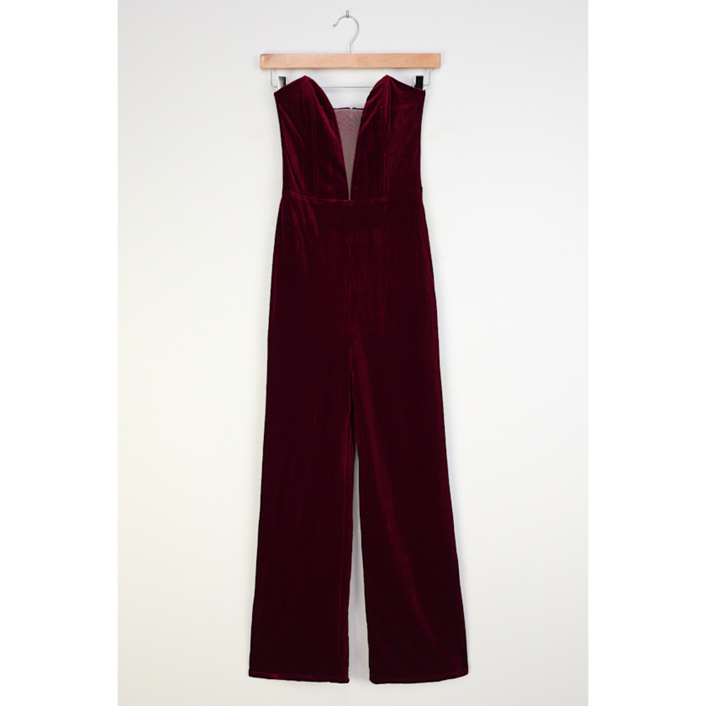 Lulus Fashion Agenda Burgundy Velvet Strapless Wide-leg Jumpsuit Red - Size S